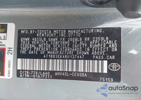 2011 Toyota Camry Hybrid from USA, damaged, VIN 4T1BB3EK4BU137447